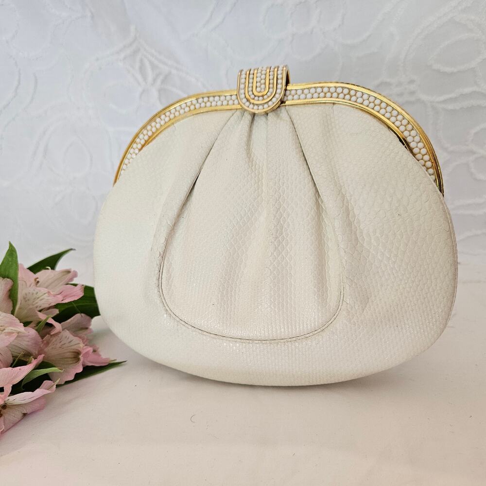 Judith Leiber White Leather Beaded Frame Clutch Mirror Comb Chain Vintage